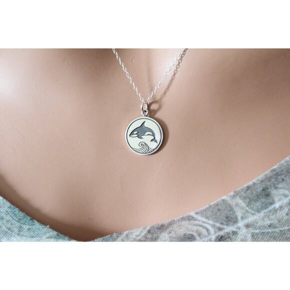 Sterling Silver Etched Killer Whale Necklace, Etched Killer Whale Necklace - Picture 1 of 1